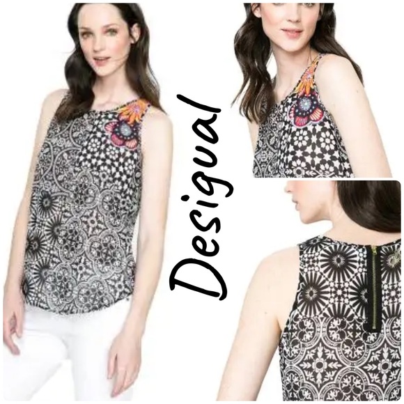 Desigual Dixit Embroidered Semi-Sheer Tank, Medium - Picture 1 of 13